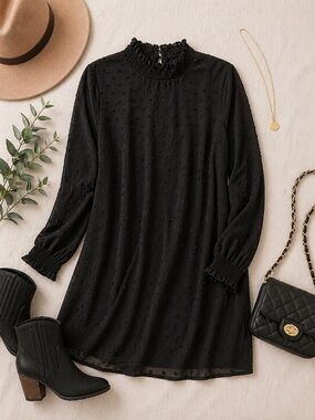 The Korner Black Swiss Dot Ruffle Neck Mini Dress Long Sleeve |M|